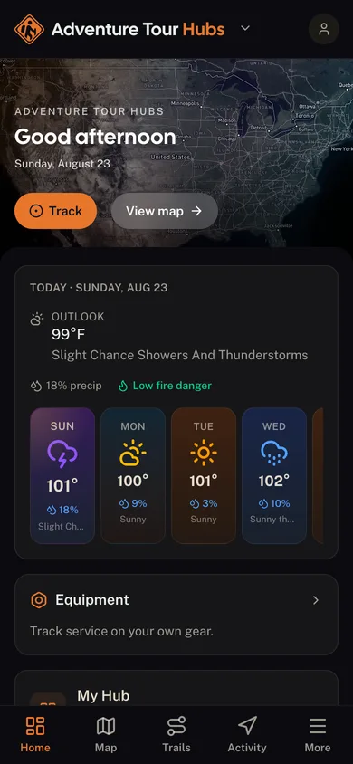 The Adventure Tour Hubs app dashboard