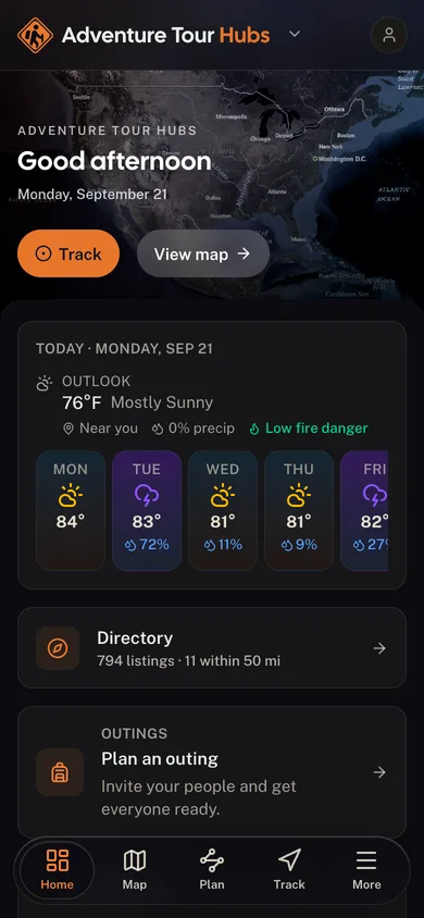 The Adventure Tour Hubs app dashboard