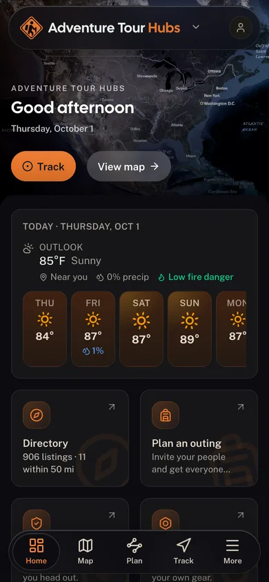 The Adventure Tour Hubs app dashboard