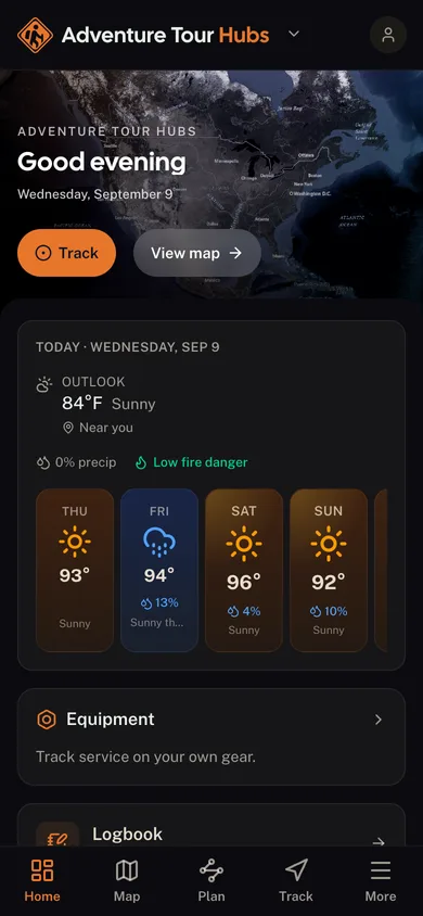 The Adventure Tour Hubs app dashboard