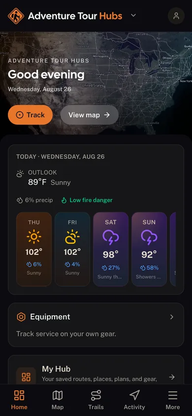 The Adventure Tour Hubs app dashboard