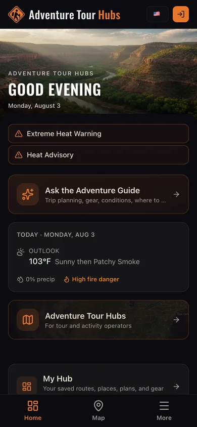 The Adventure Tour Hubs app dashboard