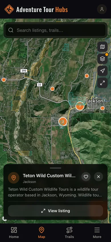 Nearby places mapped in the Adventure Tour Hubs app