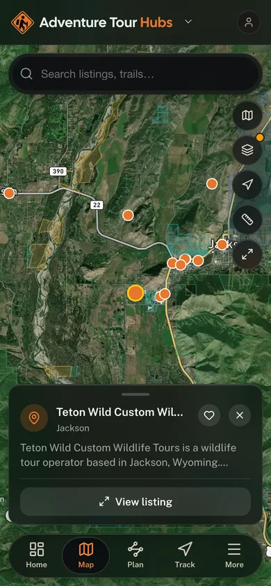 Nearby places mapped in the Adventure Tour Hubs app
