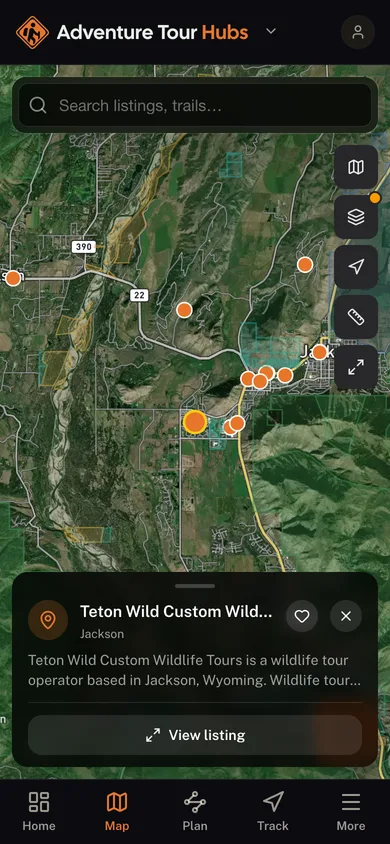 Nearby places mapped in the Adventure Tour Hubs app