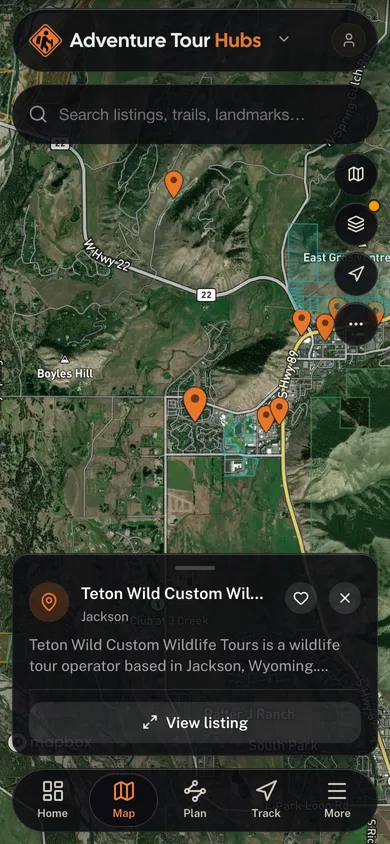 Nearby places mapped in the Adventure Tour Hubs app