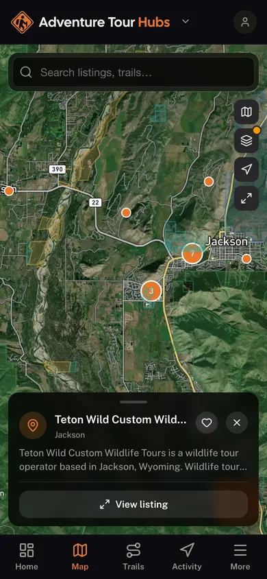 Nearby places mapped in the Adventure Tour Hubs app