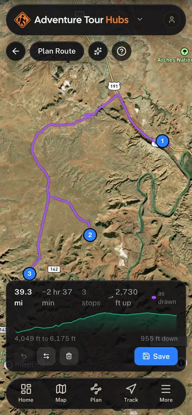 A planned route with its distance, stops and elevation profile in the Adventure Tour Hubs app