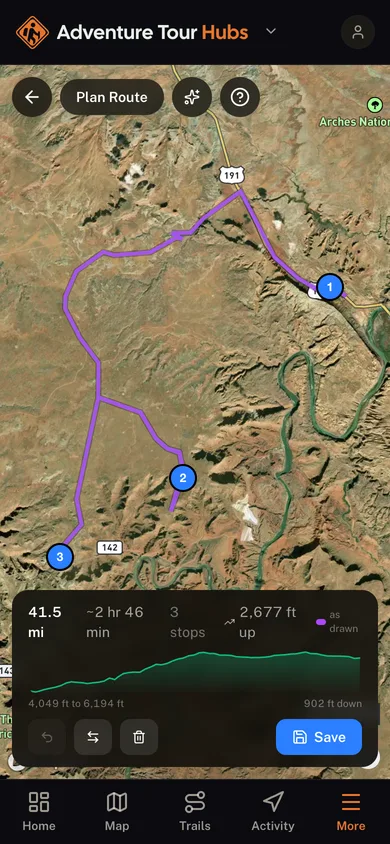A planned route with its distance, stops and elevation profile in the Adventure Tour Hubs app