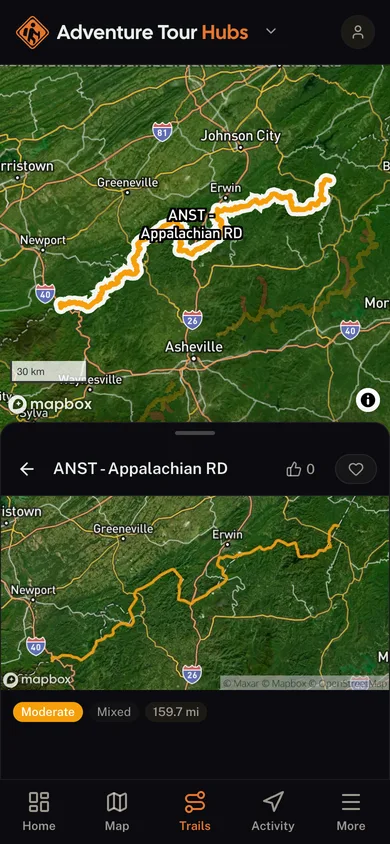 A named trail traced over satellite imagery in the Adventure Tour Hubs app
