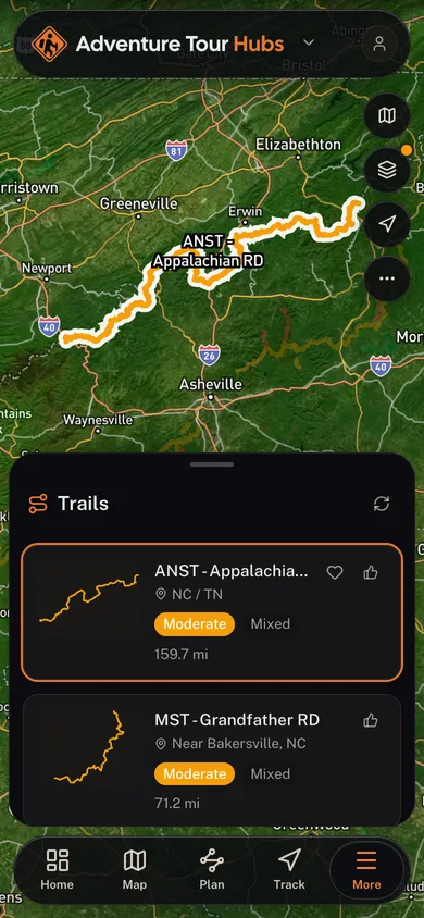 A named trail traced over satellite imagery in the Adventure Tour Hubs app