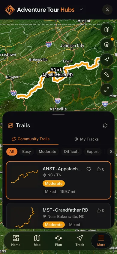 A named trail traced over satellite imagery in the Adventure Tour Hubs app