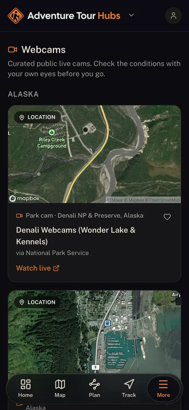 Live public webcams grouped by state in the Adventure Tour Hubs app