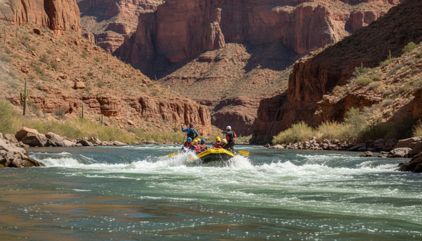 A guided raft team paddling through a churning whitewater rapid, the guide calling the line from the stern, spray and green water, bright day
