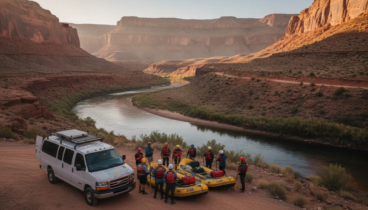 A guided adventure group in helmets and safety gear gathered with their guide beside rafts and a shuttle van at a river put-in, warm morning light