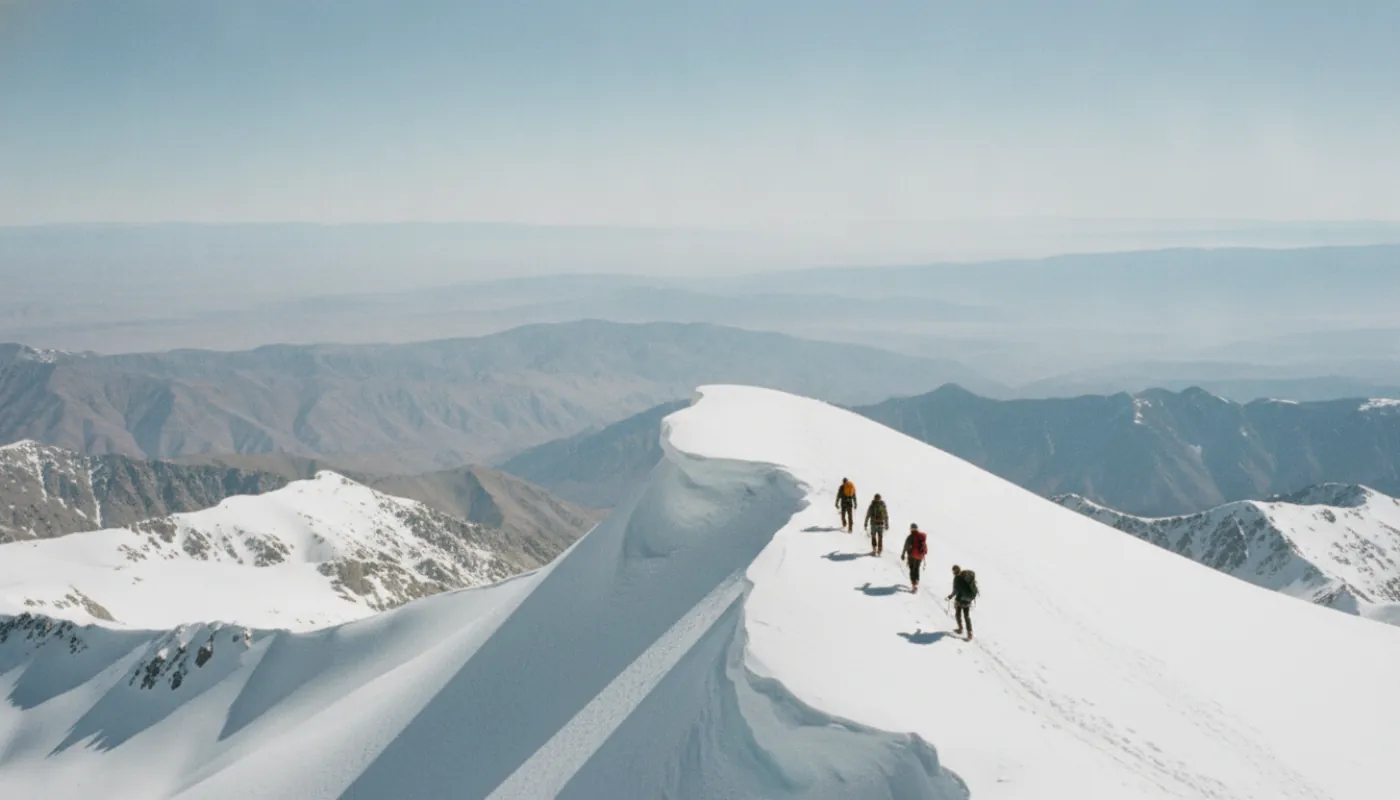 A small roped team of climbers moving slowly up a high snow-covered ridge under thin blue sky, distant peaks far below, bright high-altitude light