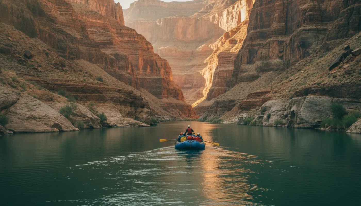 An oar-rig raft drifting a calm stretch of a deep river canyon on a multi-day trip, sheer stone walls rising on both sides, warm afternoon light