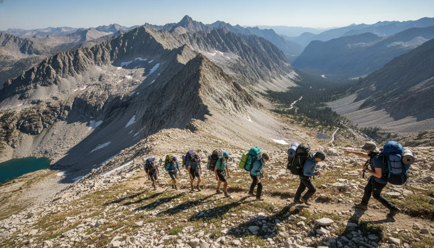 A guided group of backpackers crossing a high alpine pass with tents on their packs and sharp peaks behind, clear summer light