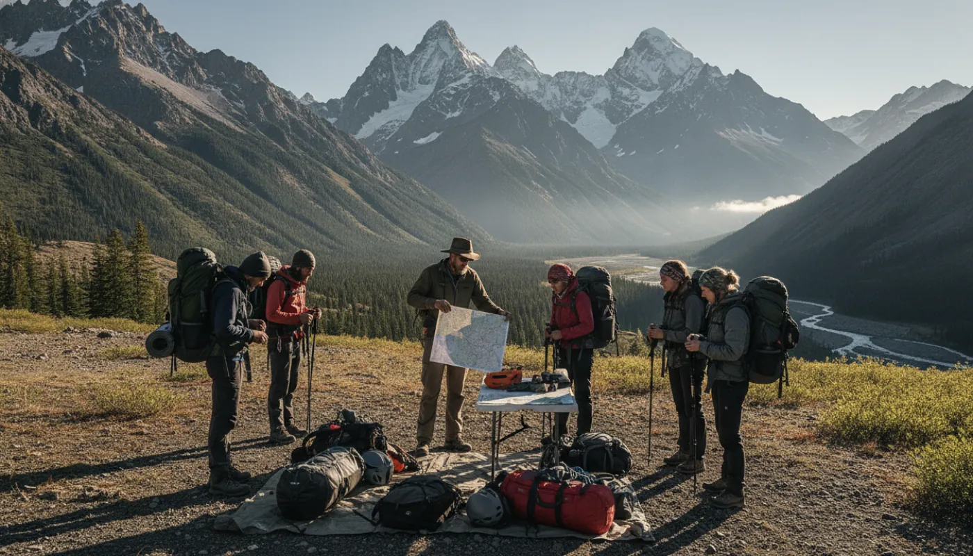 A wilderness guide briefing a small group of hikers at a trailhead below alpine peaks, checking gear before setting out, clear morning light