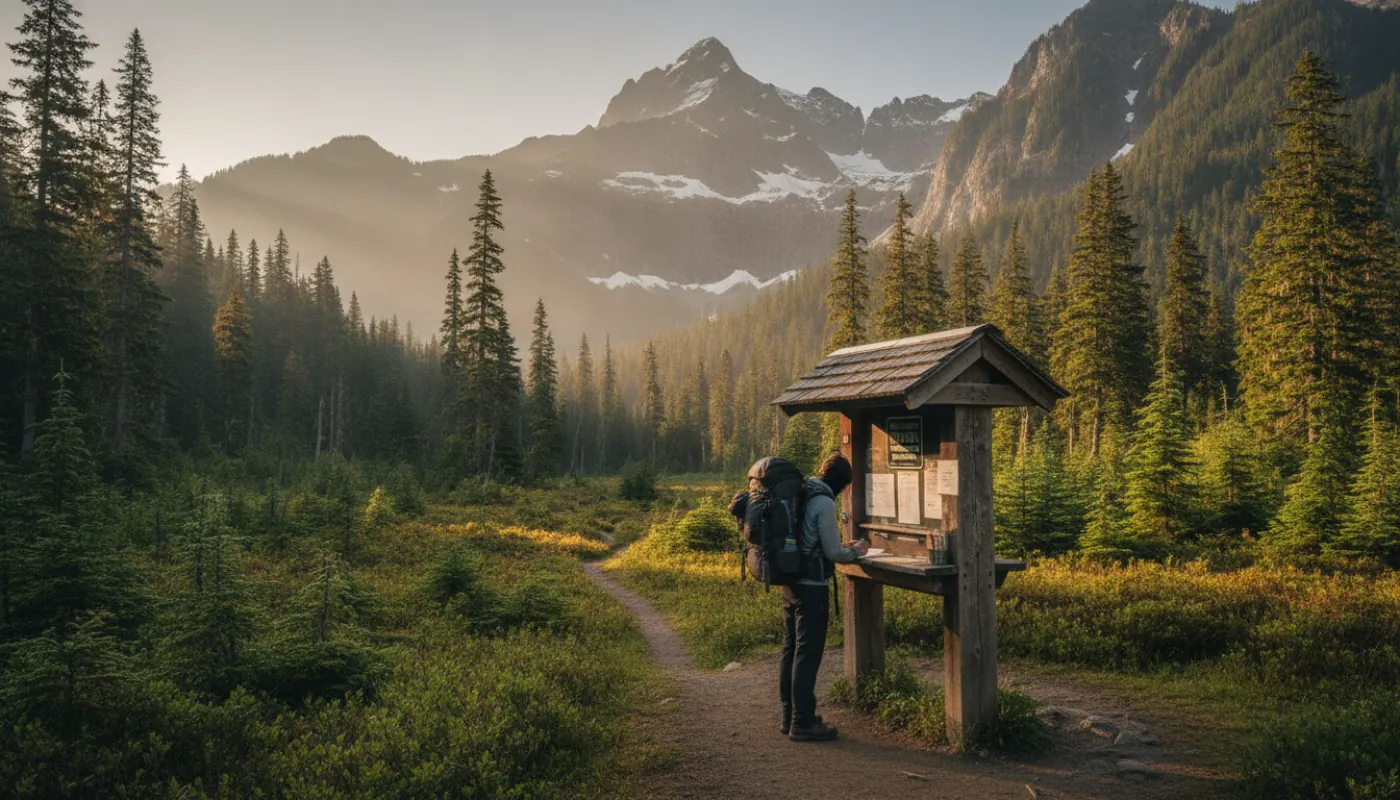 A hiker filling out a self-issue wilderness permit at a wooden trailhead kiosk below forested mountains, morning light
