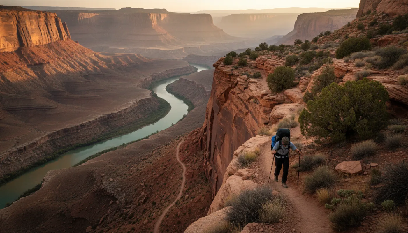 A hiker climbing a steep local trail with a weighted training pack, effort on their face, green hills and morning light