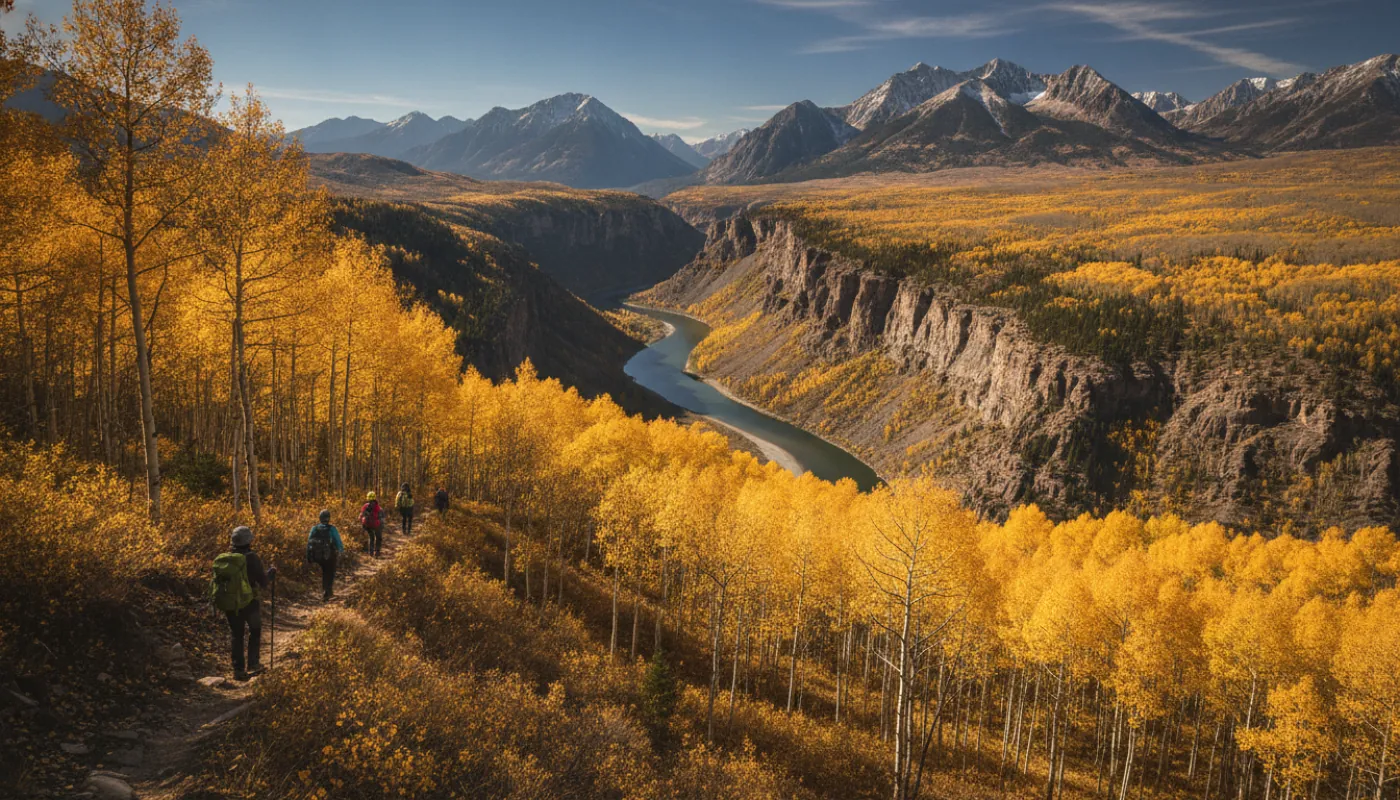 A small guided group hiking a golden autumn trail through aspen in shoulder season, crisp clear light on distant peaks