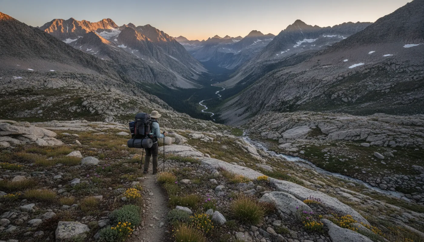 A backpacker on a high alpine trail carrying a loaded multi-day pack, layered clothing, morning light on distant peaks