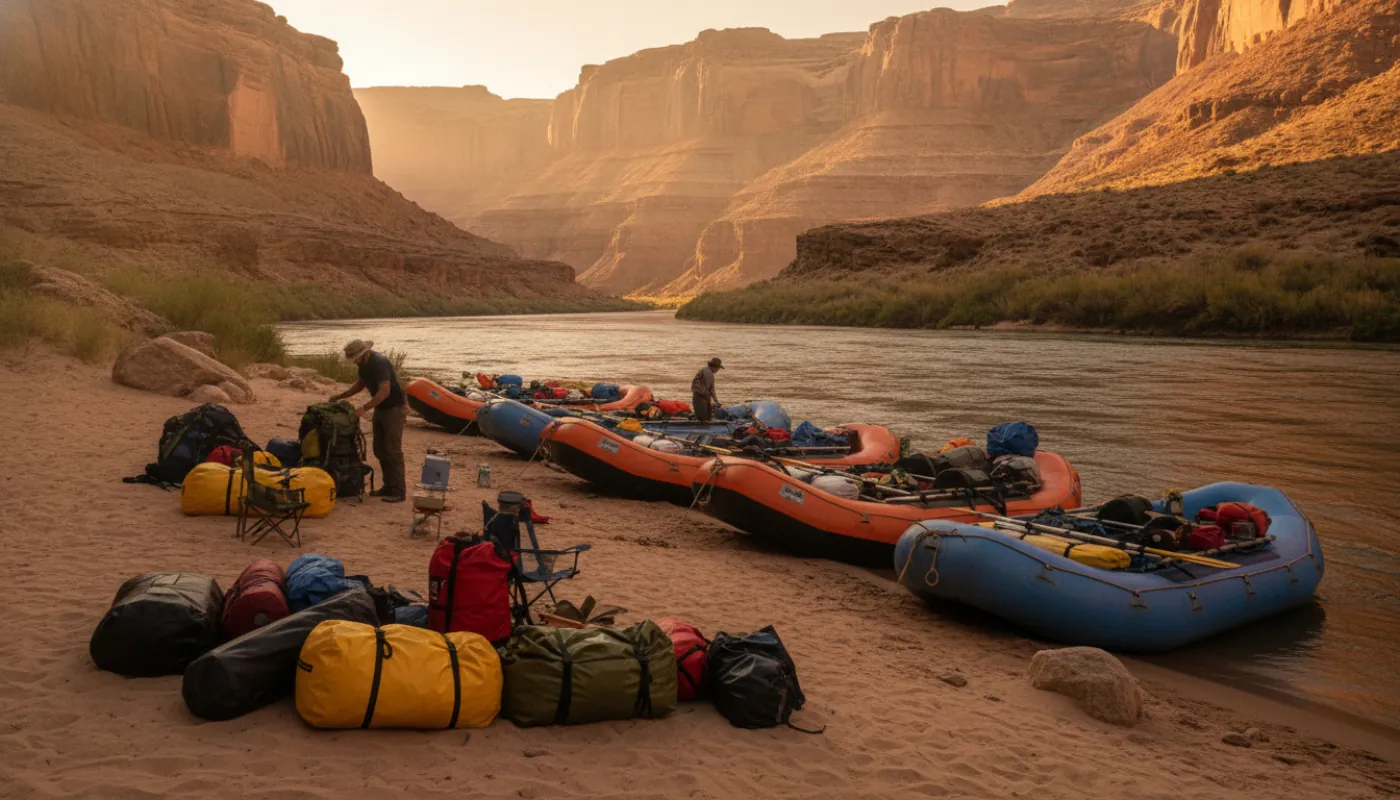 Dry bags and river gear staged on a sandy river beach at a multi-day rafting camp, rafts pulled up on shore, warm evening light