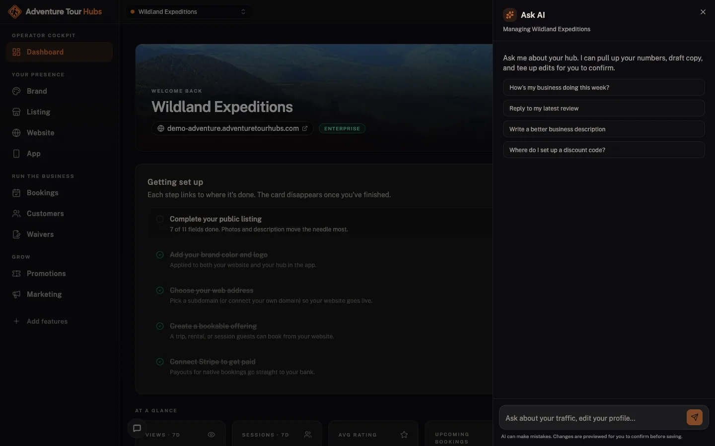 Adventure Tour Hubs cockpit: AI assistant