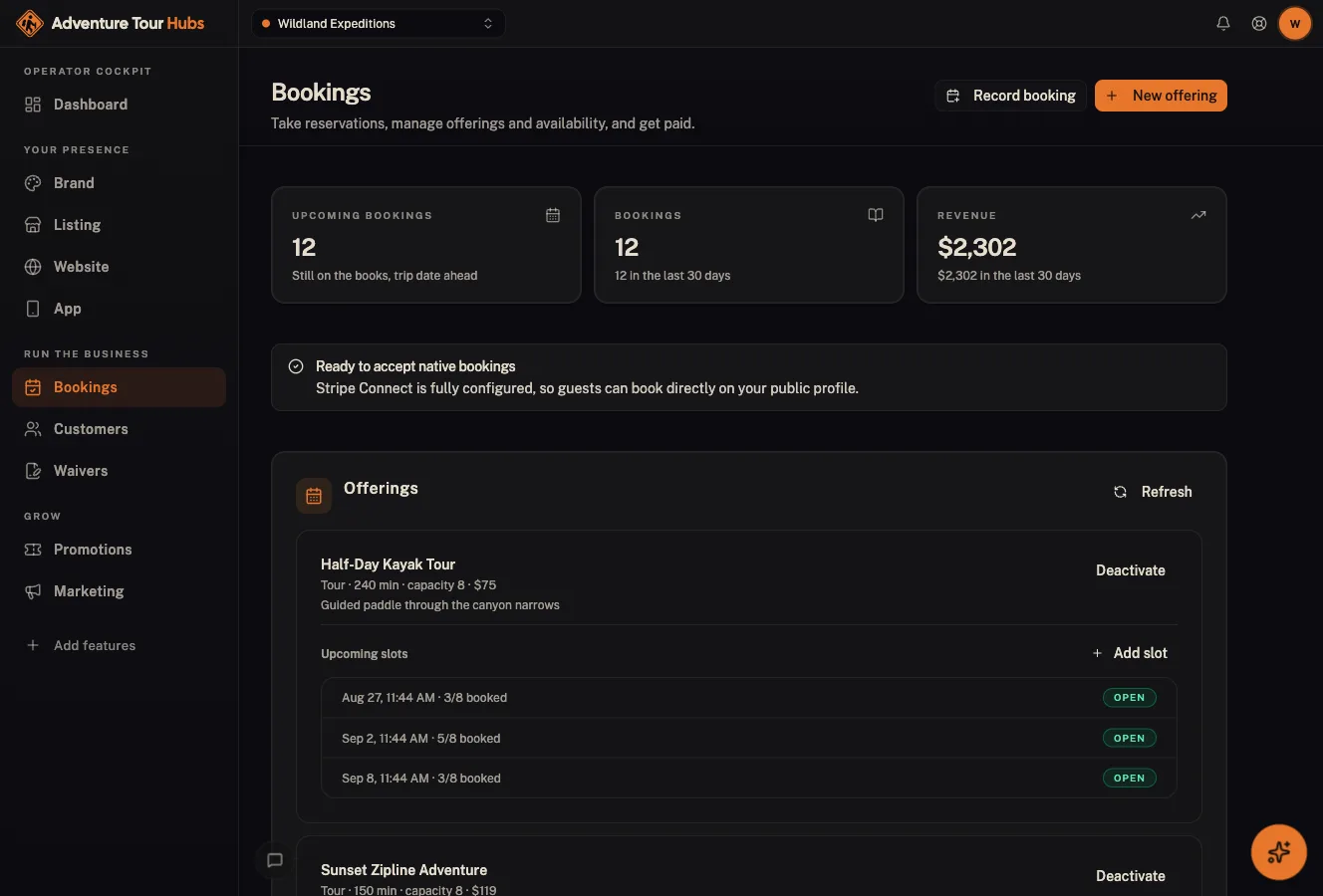 Bookings & payments in the Adventure Tour Hubs cockpit