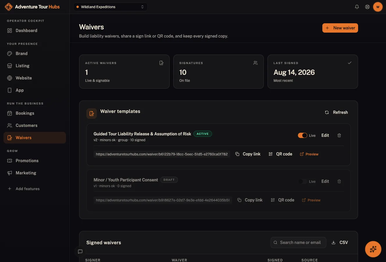 Digital waivers in the Adventure Tour Hubs cockpit