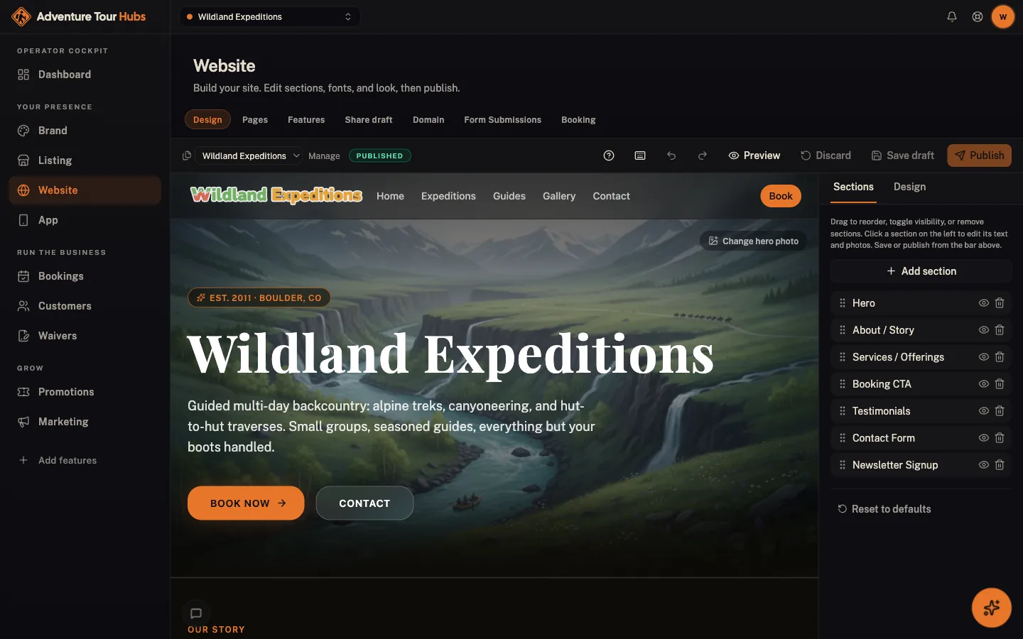 Website builder in the Adventure Tour Hubs cockpit